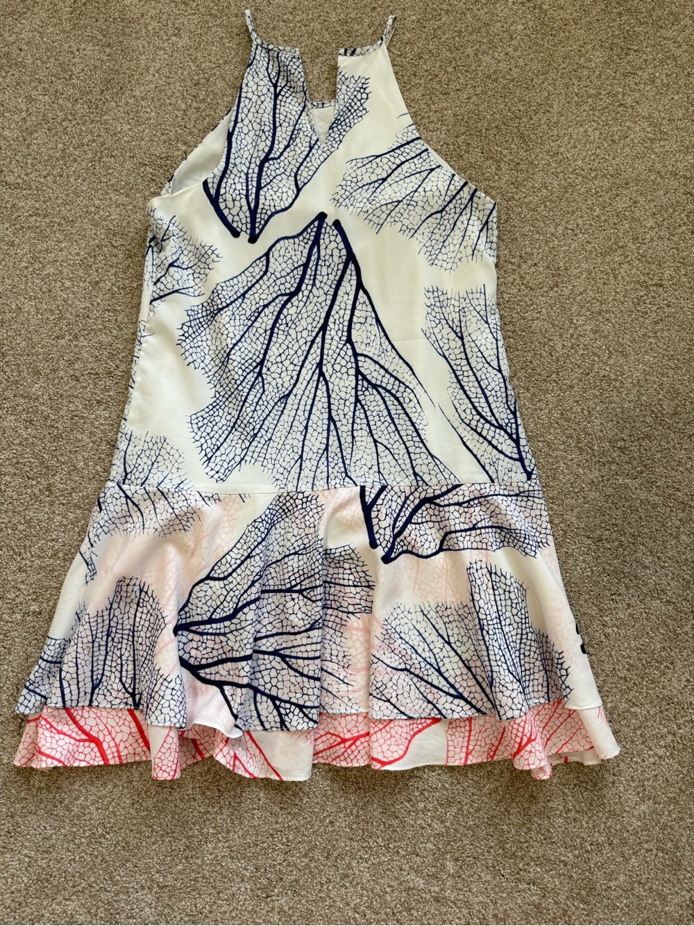 White Halter Dress with Navy & Coral Leaf Print